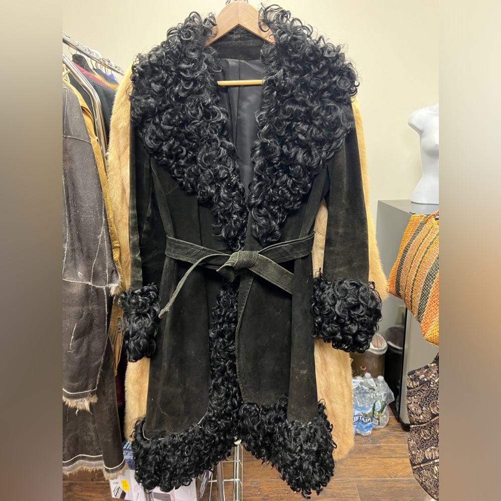 Vintage Suede Black Curly Fur Trim Coat